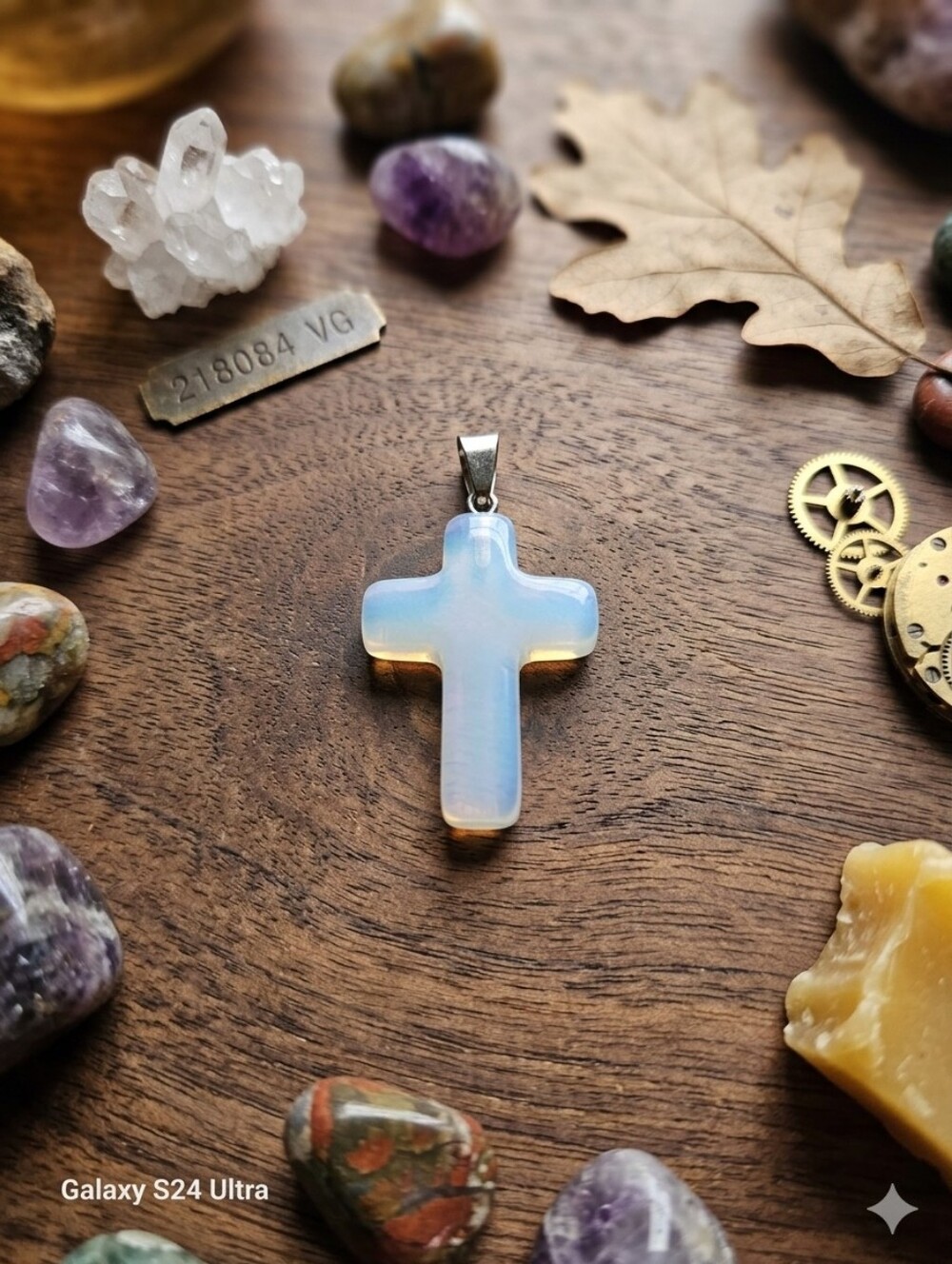 Opalite Cross Pendant Necklace — Iridescent Blue White Includes Cord